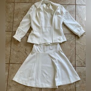 Vintage 60s Handmade Skirt Set Three‎ Piece Jacket Top Eyelet Sz S Off White